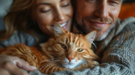 A content couple cuddles their ginger cat in a cozy home setting, conveying a sense of warmth, love, and strong bond shared between them, with bright smiles.