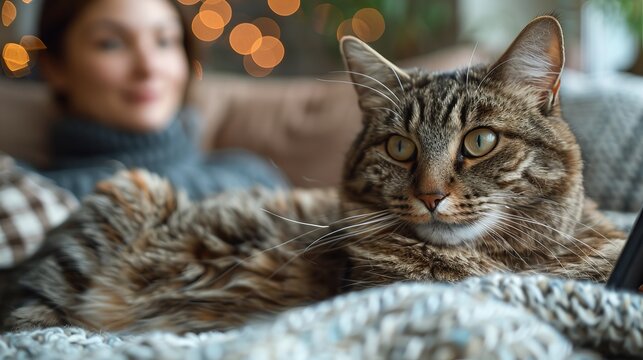 A serene woman relaxing on a couch with a tabby cat, captured in a cozy setting, emphasizing the comfort, warmth, and peaceful bond shared between them.