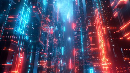 Naklejka premium Futuristic Cyberpunk Cityscape with Neon Lights, Generative AI