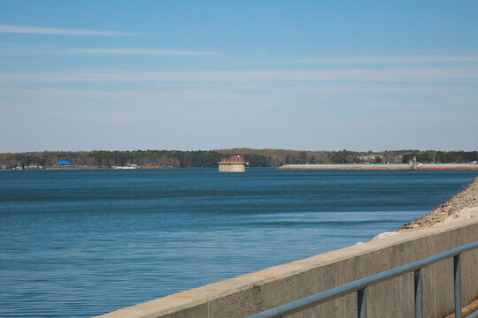 Dreher Shoals Dam Walk (Lake Murray Dam, Saluda River Dam) Earthen Embankment Dam for hydroelectricty on Saluda River near Columbia, S.C, USA - Lake Murray World's Largest Man-Made Lake Reservoir