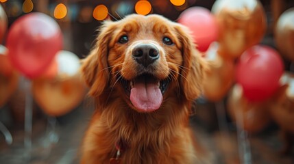 Joyful golden retriever dog with its tongue out, surrounded by colorful balloons. A perfect...