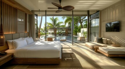 Bedroom interior is in the style of a modern luxury hotel resort, with soft bed linen and large glass windows.