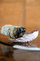 Burning White Sage Smudge Stick on Table Shell Feather Spiritual Energy Cleansing Ritual Vertical