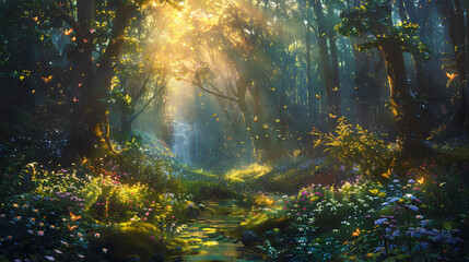 Obraz premium a fabulous forest setting at dawn. The sun's rays break through the dense foliage