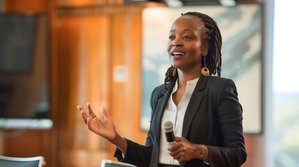 Confident Businesswoman Speaking at a Conference with Copy Space. Generative AI