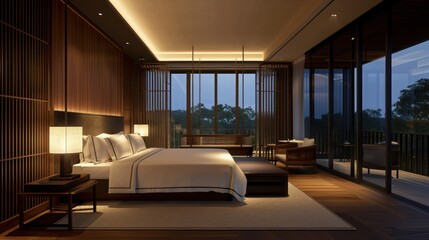 Bedroom interior is in the style of a modern luxury hotel resort, with soft bed linen and large glass windows.