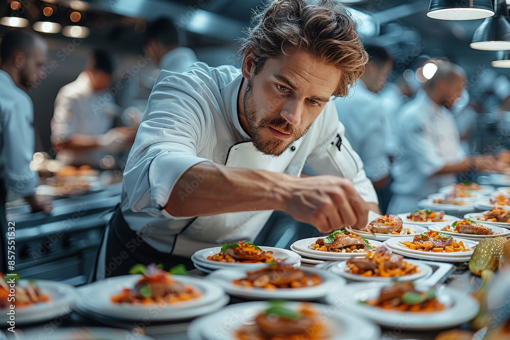 Poster a chef meticulously plating a gourmet dish in a bustling kitchen. concept of culinary arts and preci