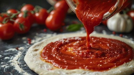 Tomato sauce being poured on pizza dough, close-up view. Italian cuisine and cooking concept