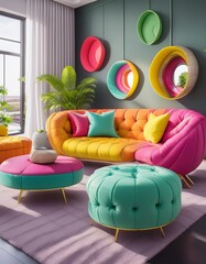 interior design of modern living room with colorful upholstered mid-century furniture; sofa, painting, chair, ottoman, pillows, table