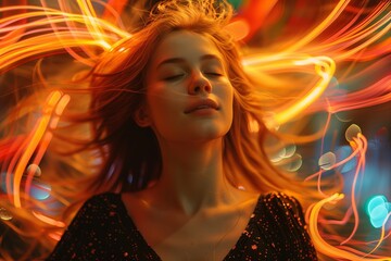 Dynamic Stroboscopic Image: Young Woman with Moving Arms on Dark Background