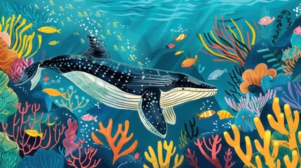 Fototapeta premium Underwater life with blue whales. Background for children's painting illustrations