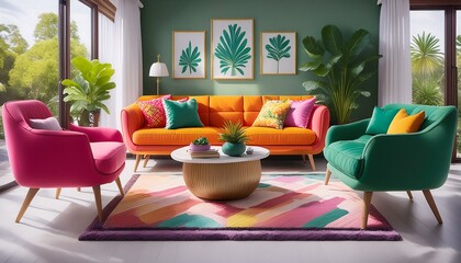 interior design of modern living room with colorful upholstered mid-century furniture; sofa, painting, chair, ottoman, pillows, table