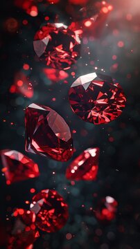 Close-up of floating red rubies with bokeh effect on dark background. Elegant and luxurious concept