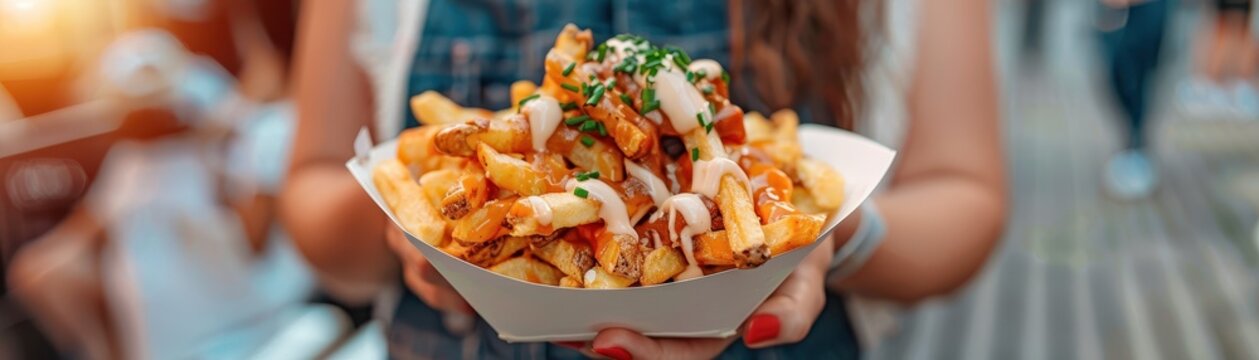 People enjoying poutine at an outdoor festival, Canada Day, culinary tradition