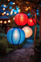 Fototapeta premium Red, white, and blue lanterns lighting up a garden, Independence Day, festive atmosphere