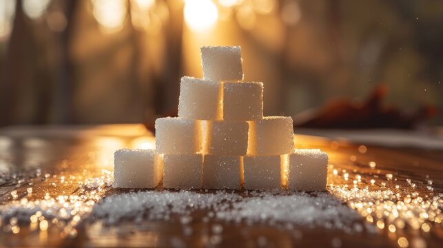 A pile of sugar cubes on a table