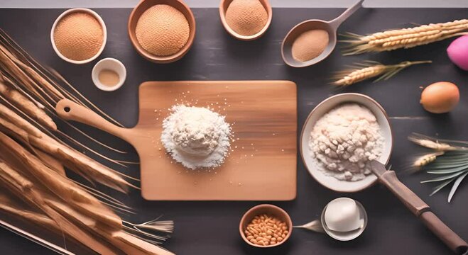 Ingredients for making bread on a wooden table