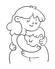 Care logo. Mother hugging her child. Black and white cartoon character. Vector illustration. Isolated on white background