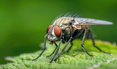Naklejka premium Macro Shot of Common Housefly on Green Leaf