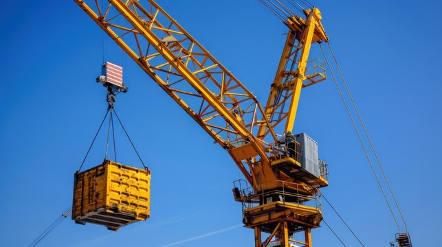 Yellow crane lifting a container against a blue sky