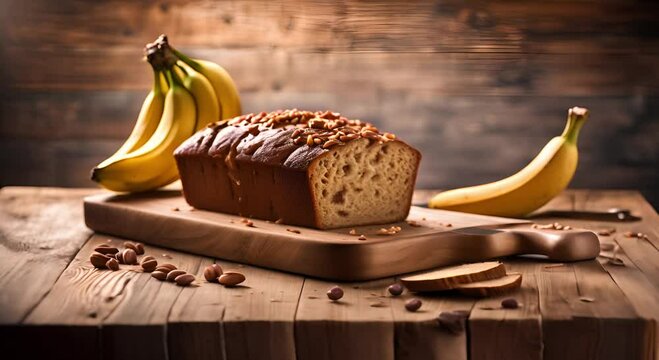 Freshly baked banana bread on a rustic wooden table