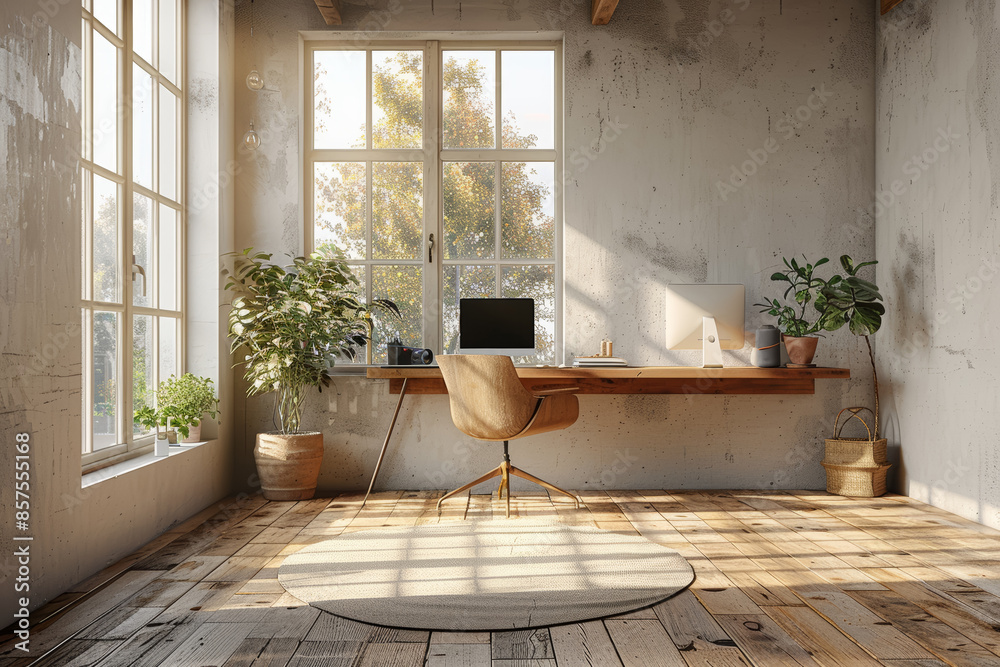 Poster a minimalist office space with a focus on clean lines and functionality. concept of modern design an