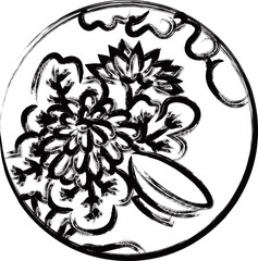 筆書き円形シンプル花札　長月　菊　盃　9月　菊に盃