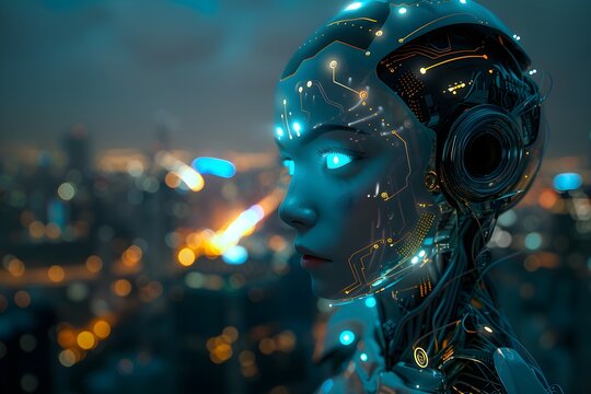 Side view of futuristic robot technology in the form of a human woman, artificial intelligence and humanoid with circuits glowing with neon lights in the background of a futuristic city