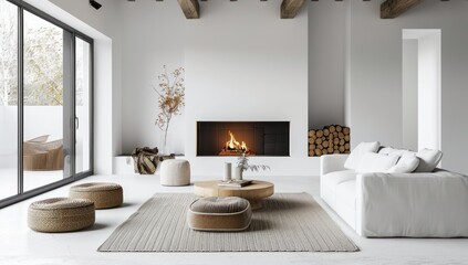 Modern Living Room with Cozy Fireplace and Natural Elements