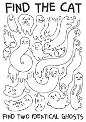 Find two identical ghosts. Find the cat. Extra item. Educational game for kids. Attention task. Worksheet page. Black and white cartoon character. Vector illustration. Antistress coloring book