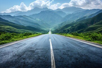 Naklejka premium Close-up shot of the ground showing a horizon with an endless highway and clear sky with flat land and mountains in the distance