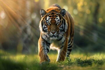 Fototapeta premium Majestic Bengal Tiger Walking Through a Lush Forest