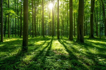Obraz premium It is a great landscape to use as a natural background in a forest with warm light, lush trees, and green weeds.