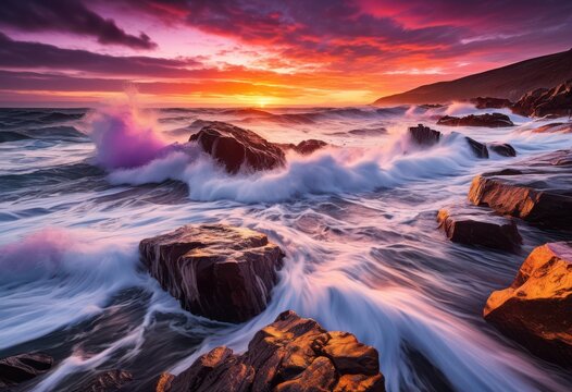 powerful waves crashing rocky beach scenic seascape view, ocean, rocks, shore, coastline, cliffs, water, rugged, boulders, dynamic, natural, outdoors, landscape