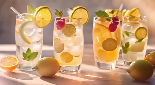 Summer cocktail with fruits in the sun
