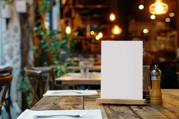 White blank restaurant menu sign on a table