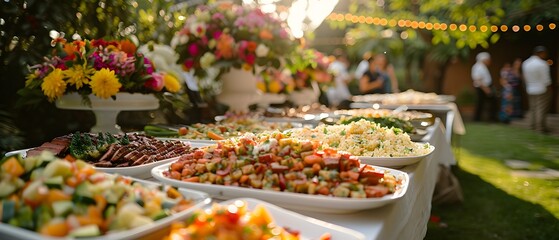 A luxurious outdoor wedding food station featuring an array of colorful dishes, surrounded by lush greenery in the background