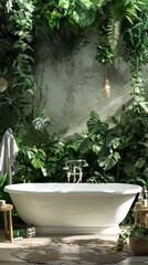 Luxurious bathroom with tropical indoor plants and modern bathtub, relaxing spa concept