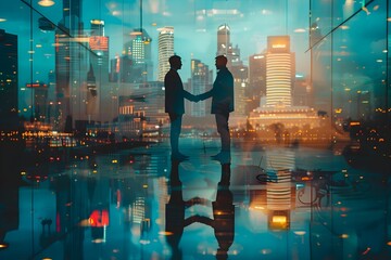 Silhouette of two businessmen shaking hands for cooperation, harmony and conclusion of contractual relationship with city background with many buildings