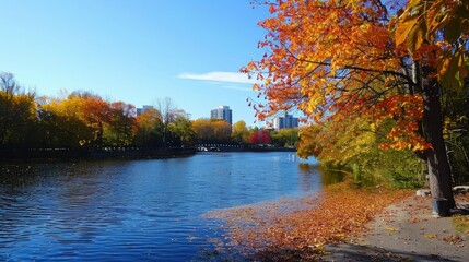 Magnificent colorful Fall day in river park