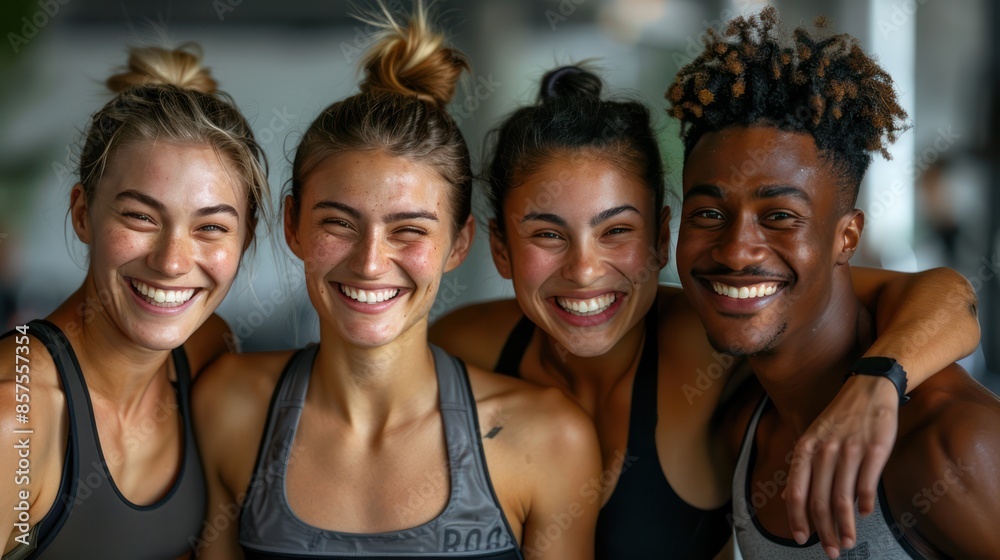 Wall mural fitness buddies: friends in sportswear laughing together after a gym workout