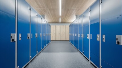 Modern Locker Room Interior with Blue Lockers, Generative AI