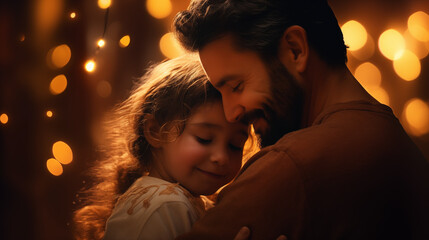 A father lovingly embracing his little girl, both looking at the camera with warmth and happiness, suitable for a banner.