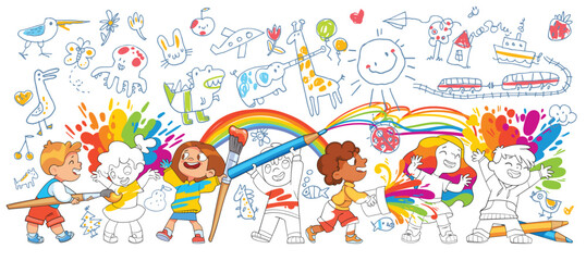 Kids got dirty in the paint drawing funny doodles on the wall. Colorful cartoon characters. Funny vector illustration. Isolated white background. Seamless childrens panorama for your design