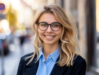 Fototapeta na wymiar Smiling Woman with Glasses Outdoors