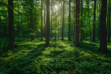 Obraz premium It is a great landscape to use as a natural background in a forest with warm light, lush trees, and green weeds.