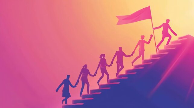 Teamwork success - Team of business people walking up staircase, holding hands with raised flag. Working together creates progress and winners concept. Vector illustration very nice flat illustration