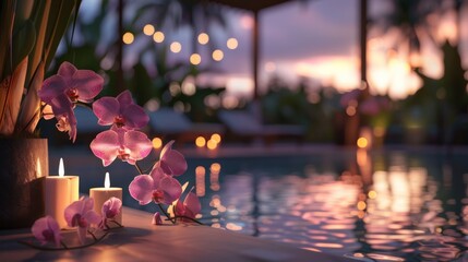 Pink orchids and candles by a pool at sunset, tropical relaxation concept