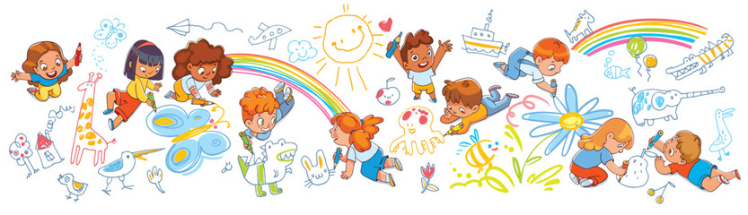 Children doodle on the wall and floor. Boys and girls drawing pictures scribbles. Chalked kids drawings on asphalt. Colorful cartoon character. Funny vector illustration. Isolated white background