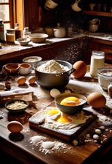 Naklejka premium messy kitchen spilled flour rolling pin baking ingredients mess, scene, table, dough, preparation, cooking, utensils, recipe, mixing, wooden, countertop, kneading